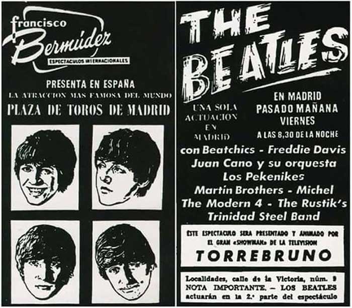 The Beatles, cartel anunciando su concierto en Madrid en 1965 y presentado por Torrebruno