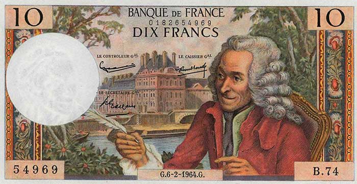 Billete de diez francos franceses con la imagen de Volatire